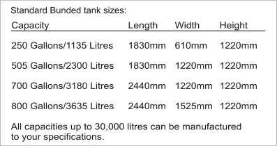 Capacity  250 Gallons/1135 Litres  505 Gallons/2300 Litres  700 Gallons/3180 Litres  800 Gallons/3635 Litres Standard Bunded tank sizes: Length  1830mm  1830mm  2440mm  2440mm Width  610mm  1220mm  1220mm  1525mm Height  1220mm  1220mm  1220mm  1220mm All capacities up to 30,000 litres can be manufactured  to your specifications.
